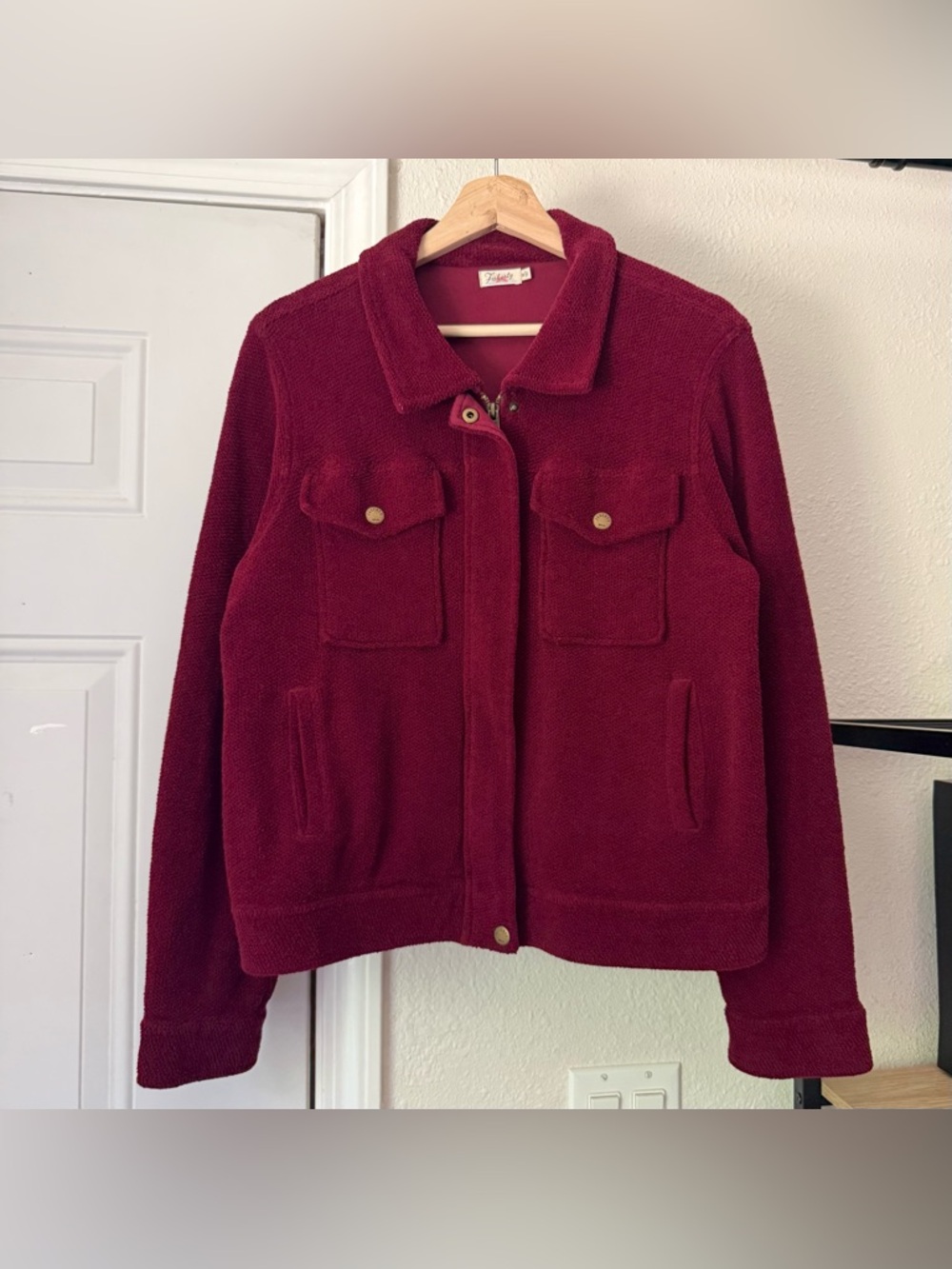FAHERTY magenta burgundy terry cloth full zip gold hardware long sleeve jacket